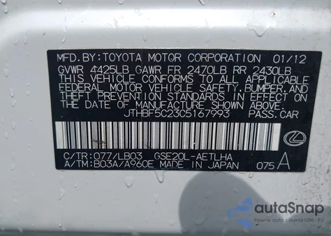 2012 Lexus Is 250 250 z USA, uszkodzony, nr VIN JTHBF5C23C5167993